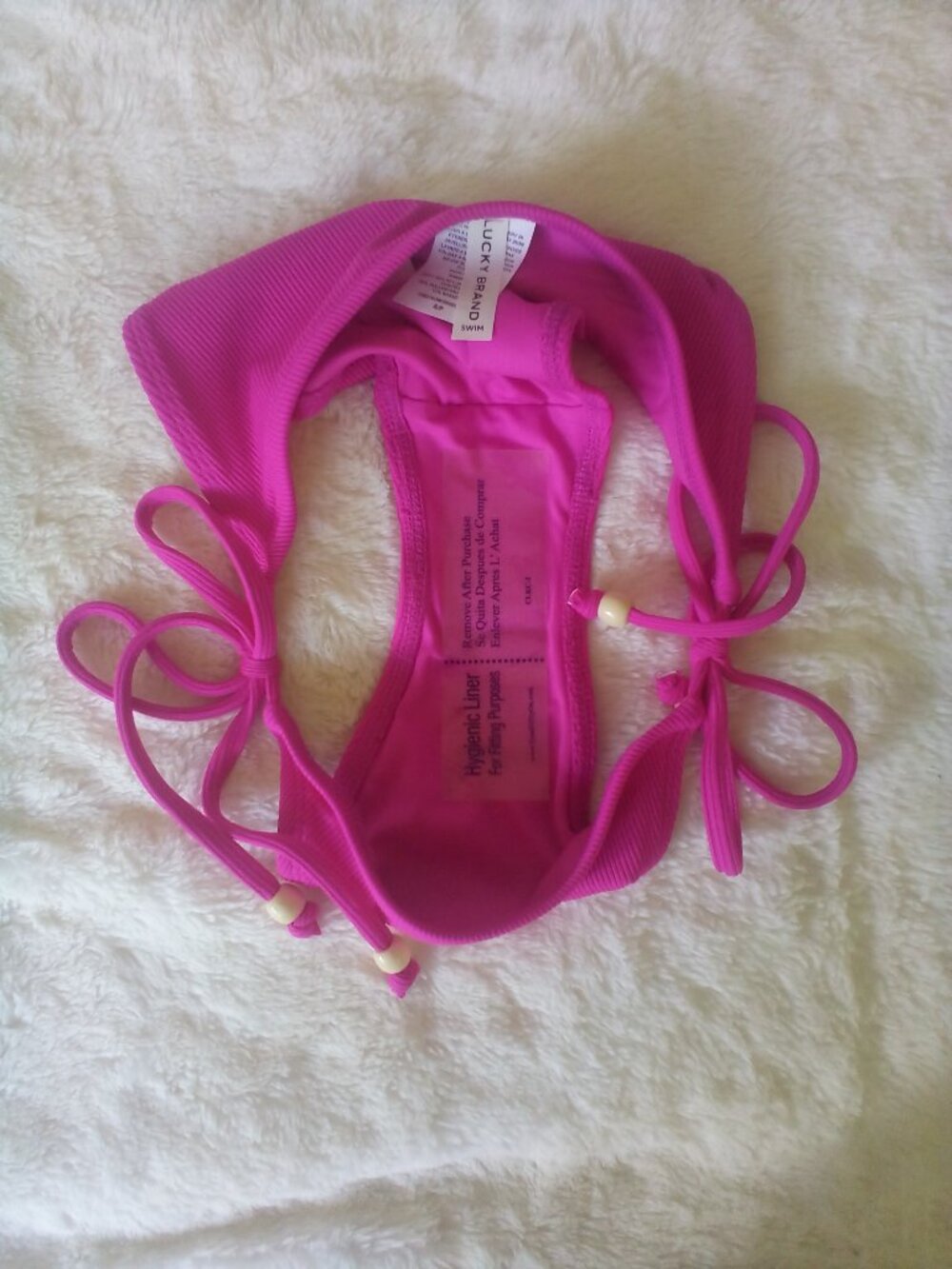 LUCKY BRAND 2-PC Swim Bikini Hot Pink Fuchsia🌷 w/Ivory Beads on Ties (S) NWT - Picture 4 of 5